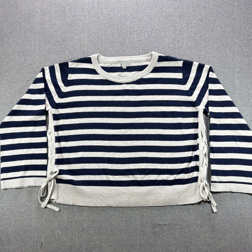 Joseph A Womens Striped Lace Up Side Sweater Navy Blue Grey XL